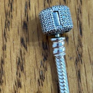 Pandora Sparkling Pave Barrel Clasp Chain Bracelet Sterling Silver Size 7.5 in